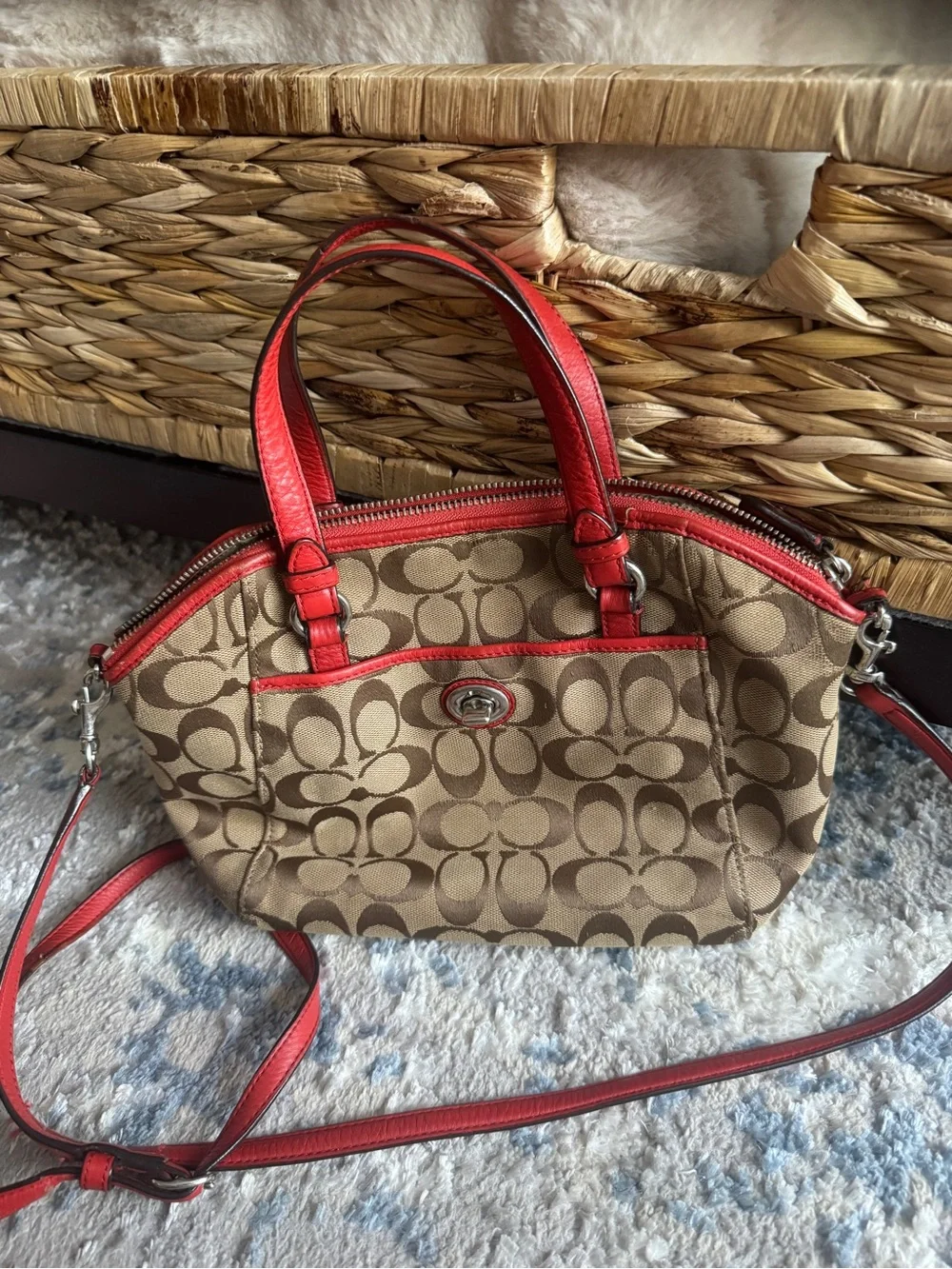 Coach Khaki Signature Crossbody with Red Trim